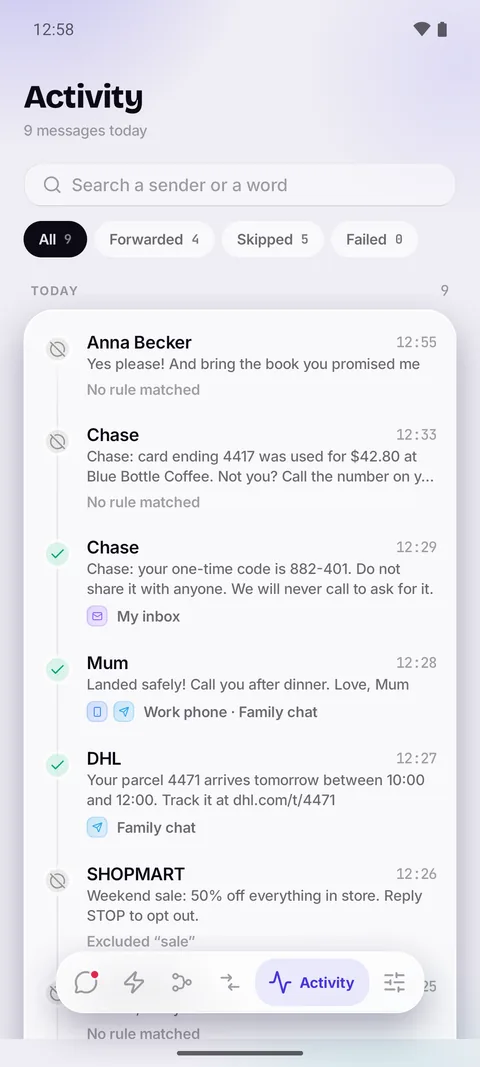 The Activity tab: today's texts, each marked forwarded with its destinations, skipped with the reason, or failed.