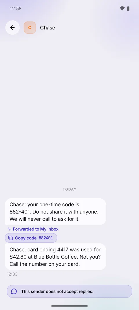 A conversation with Chase: a one-time code with Copy code under it and a note that it was forwarded to My inbox.